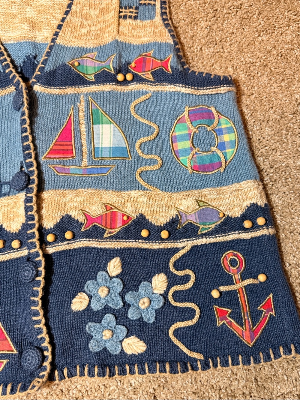 Vintage Orvis Nautical Embroidered Knit Vest in Blue and Cream - Picture 3 of 9